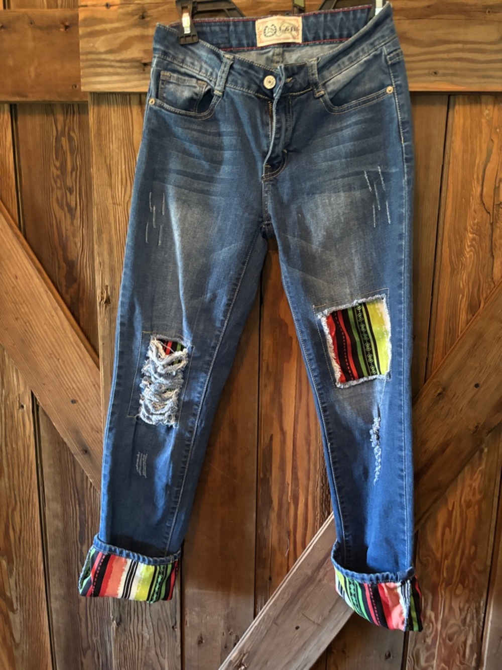 L&B Blue Distressed Ankle Jeans with Multicolor Serape Patches